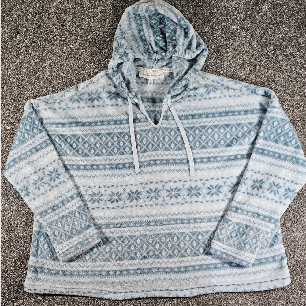 Berkshire Homewear Hoodie Womens XL Blue Fair Isle Plush Fleece Loungewear Top